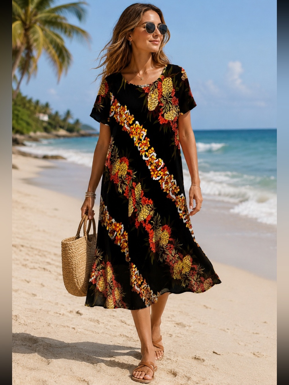 Hilo Hattie Pineapple Midi Hawaiian Dress Luau  Vacation Resortwear EUC